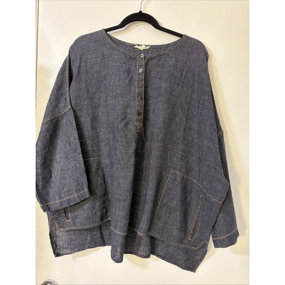 EILEEN FISHER Sz M Chambray BLUE LINEN BUTTON Pocket Lagenlook Boho Preppy